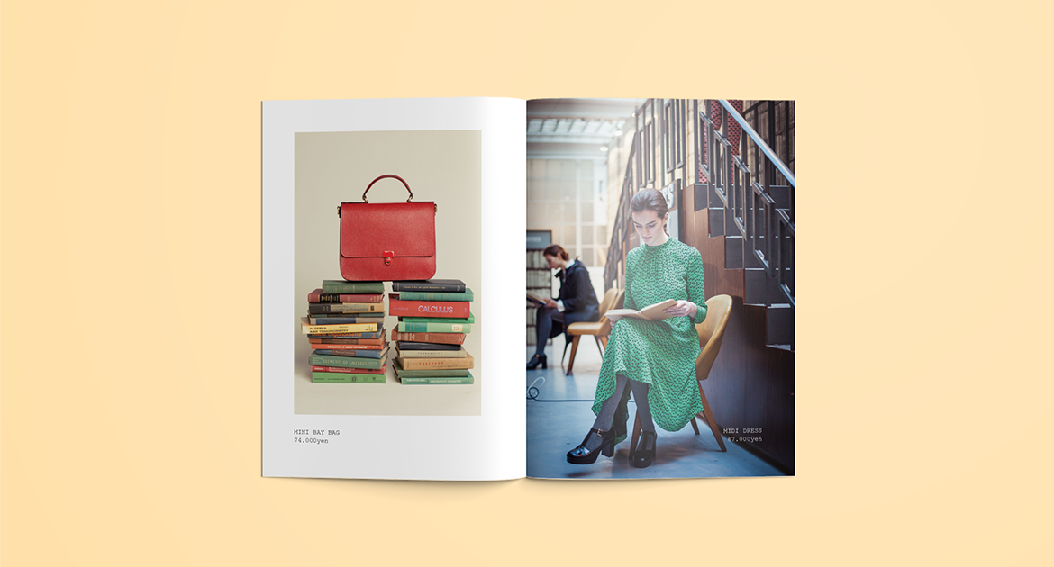 Orla Kiely lookbook spread — red bag and green dress