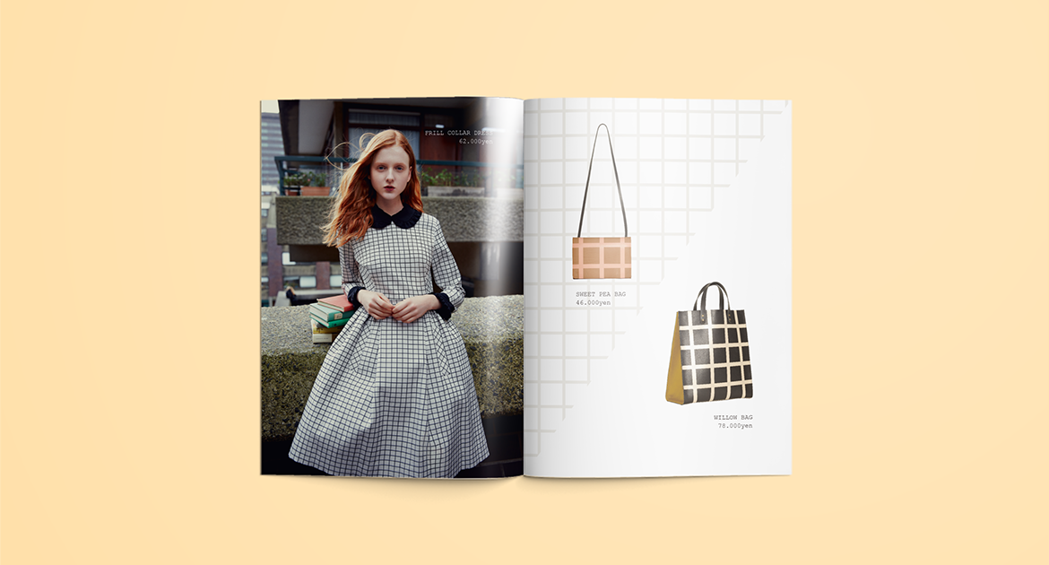 Orla Kiely lookbook spread — gingham dress and bags
