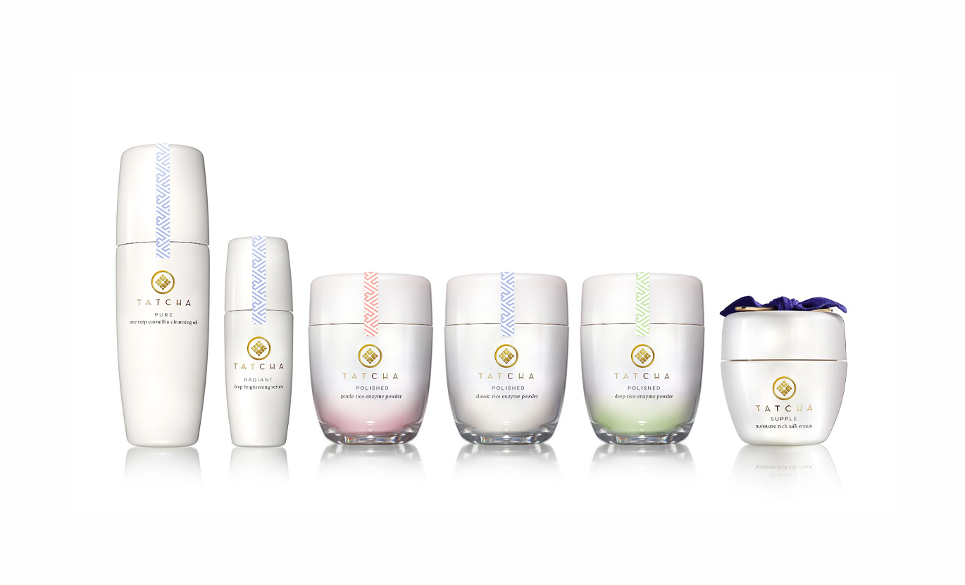 Tatcha product lineup — cleansing oil, serum, and rice enzyme powders