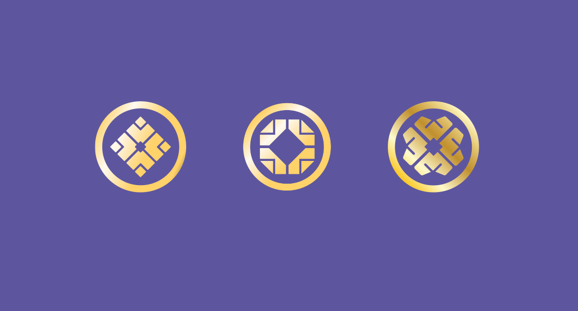 Tatcha logomark set — three gold emblems on purple